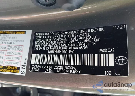 2021 Toyota C-Hr Xle z USA, uszkodzony, nr VIN NMTKHMBX3MR138846